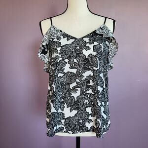 Express Black & White Floral Chiffon Ruffle Flounce Open Back Camisole Blouse